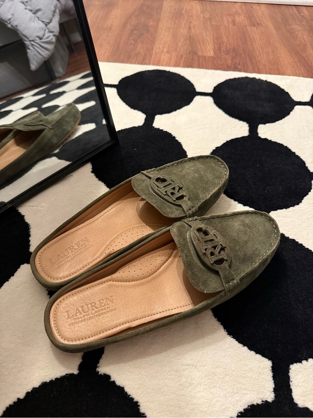 Lauren Ralph Lauren Olive Suede Backless Loafer Mules